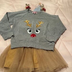 Haven Girl Gray Reindeer Sweatshirt with Gold Tulle Skirt